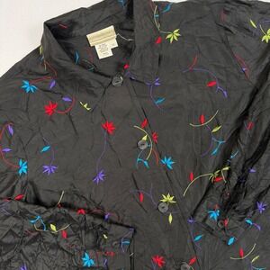 Coldwater Creek Womens 2X Black 100% Silk Embroidered Floral Flower Top Shirt